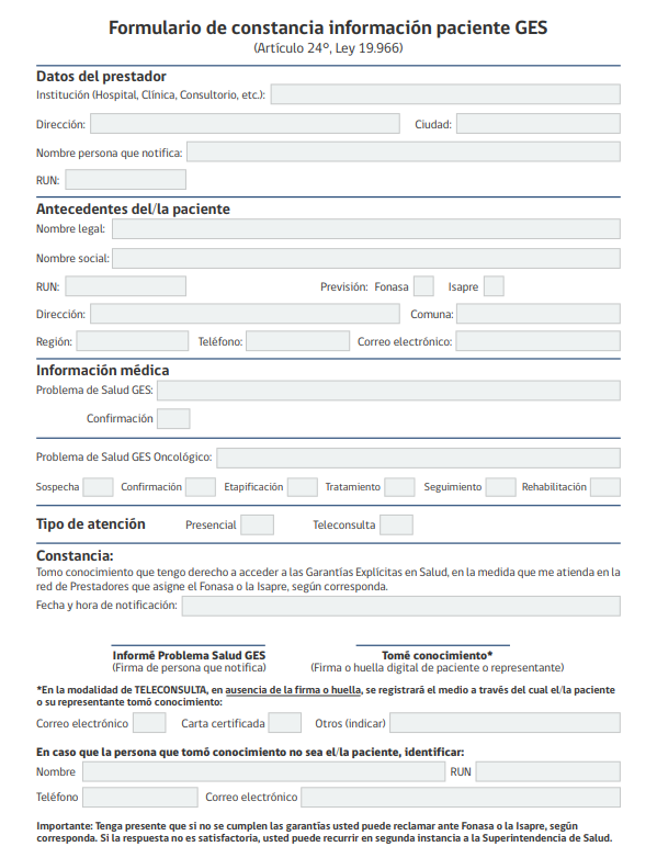 Formulario oficial de constancia GES en papel, Artículo 24 Ley 19.966