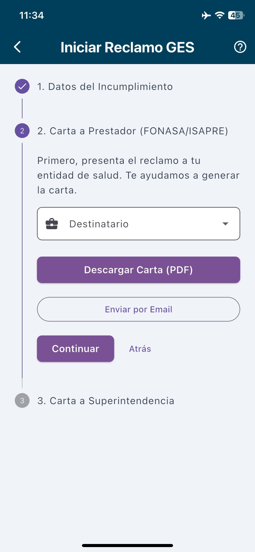 Pantalla de generación de carta de reclamo GES en 3 pasos