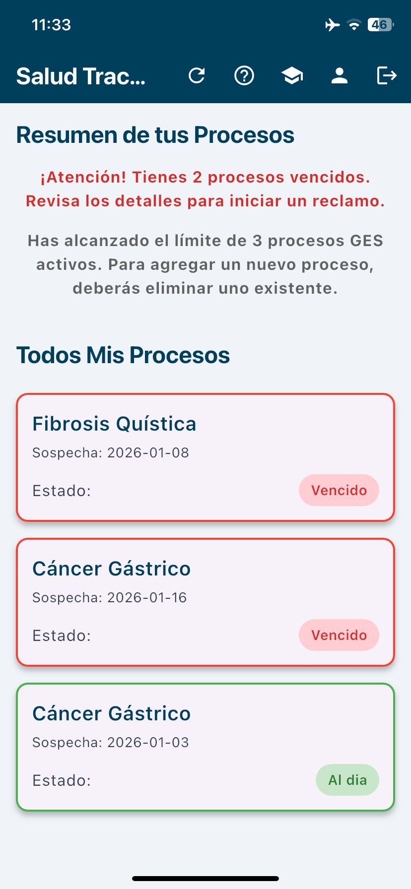 Dashboard de Salud Tracker mostrando procesos GES activos con estados vencido y al día